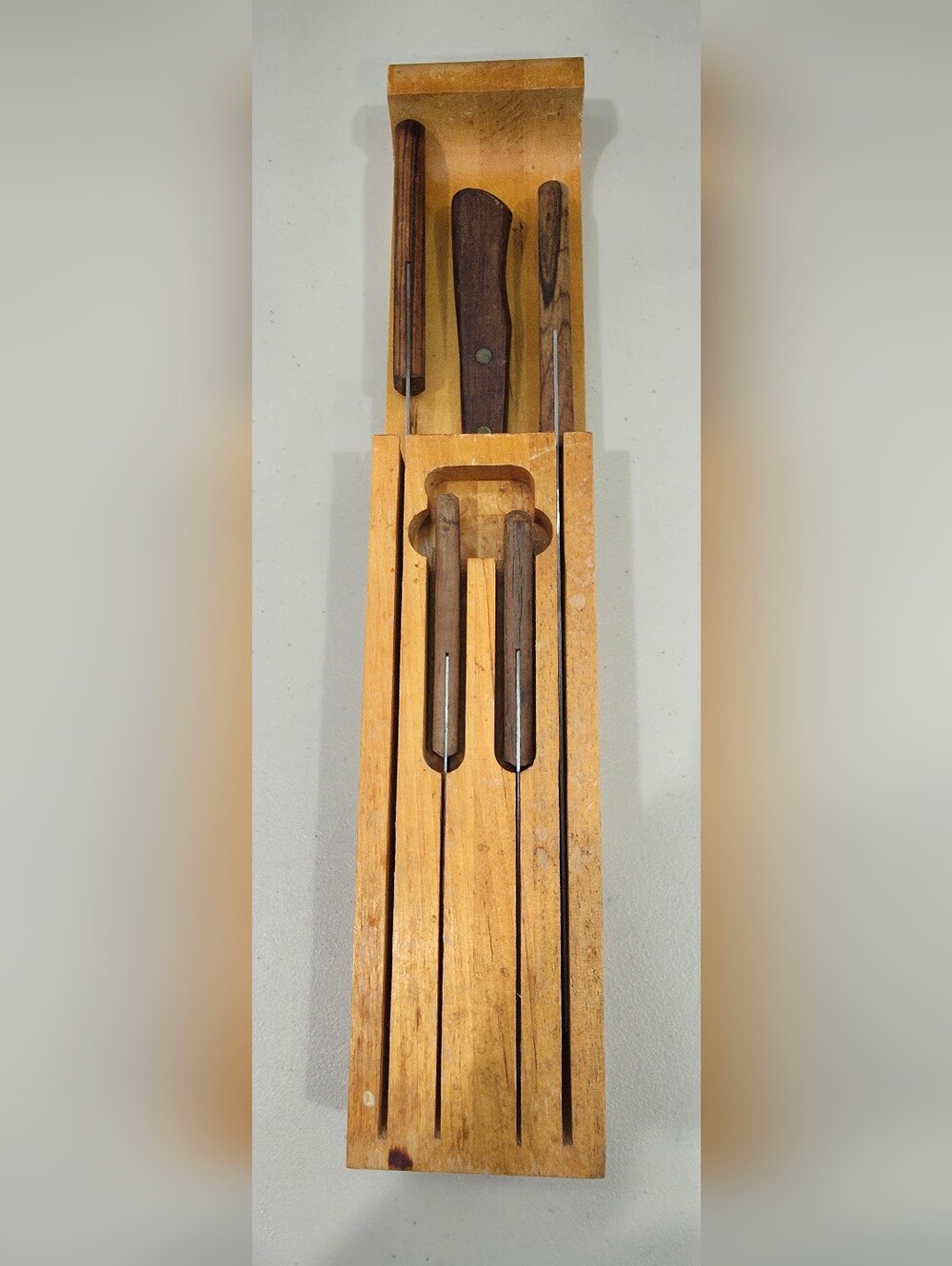 Vintage Mid Century Wall Mounted Carving Set Wood Rack Stainless Japan Knives